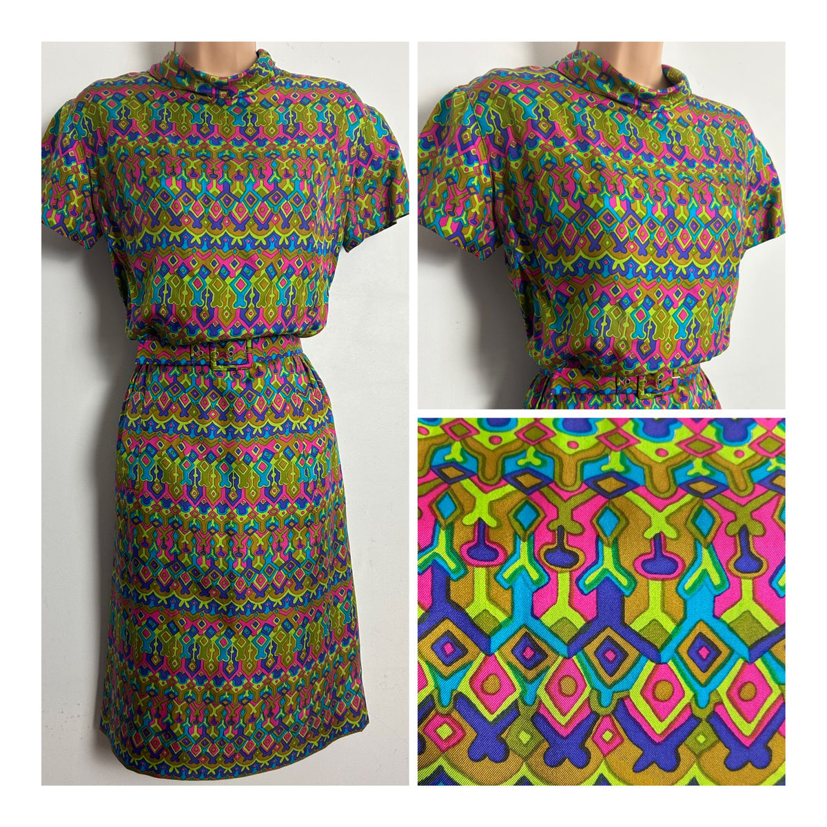 Vintage 1960s Size 10 Green Pink Purple & Tan Brown Abstract Print SILK Belted Mod Dress