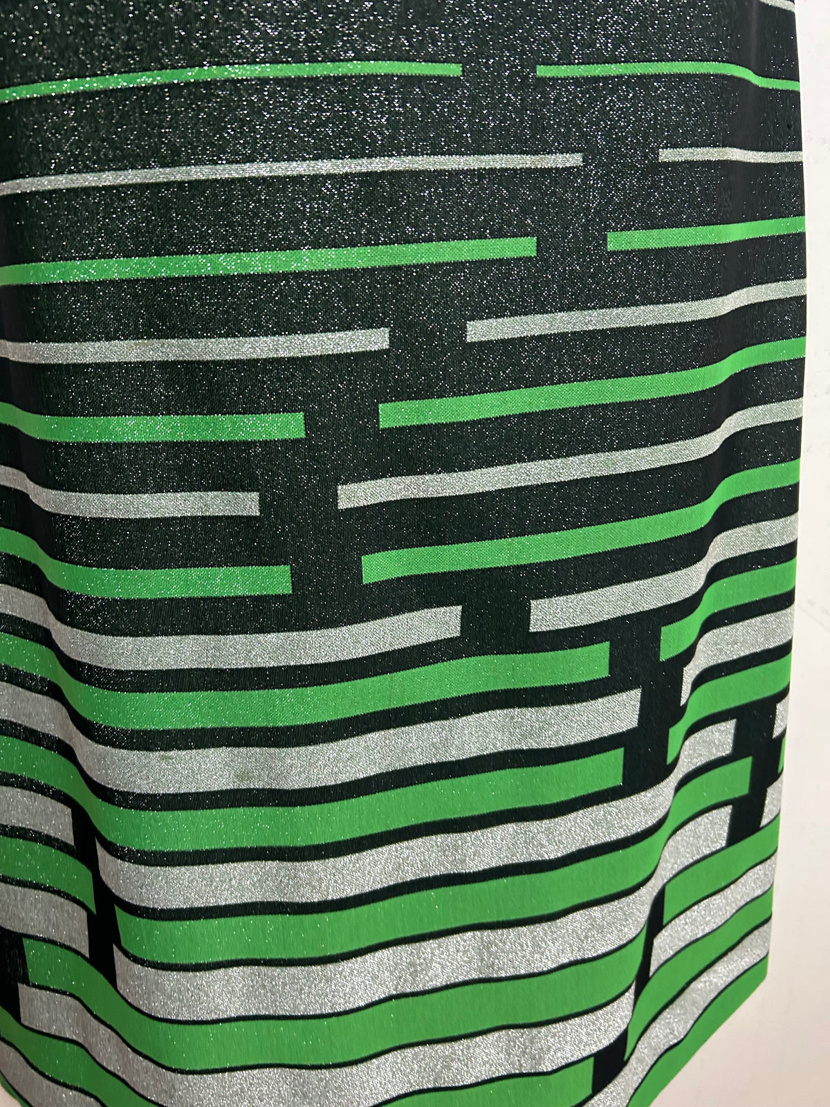 Vintage 1970s LEROSE Size 12 Black Silver & Green Stripe Keyhole Lurex Sleeveless Occasion Maxi Dress