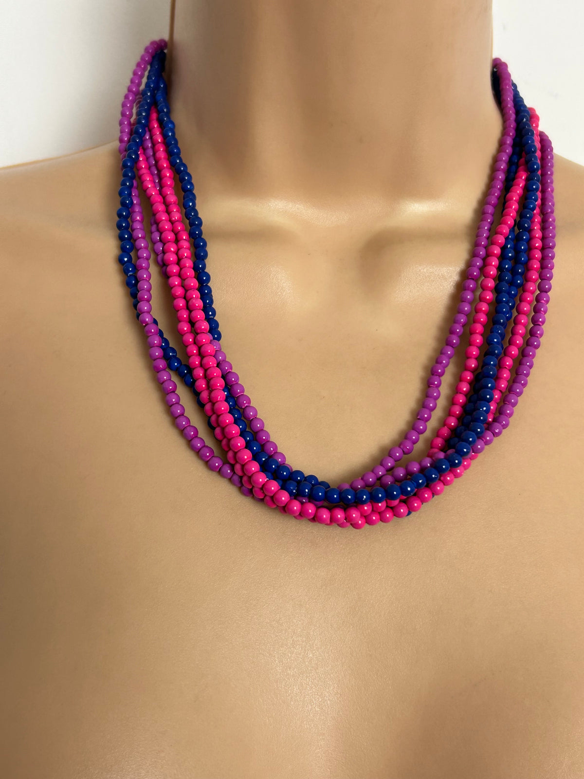 Vintage 1980s Pink & Blue Micro Bead Multi Strand Necklace