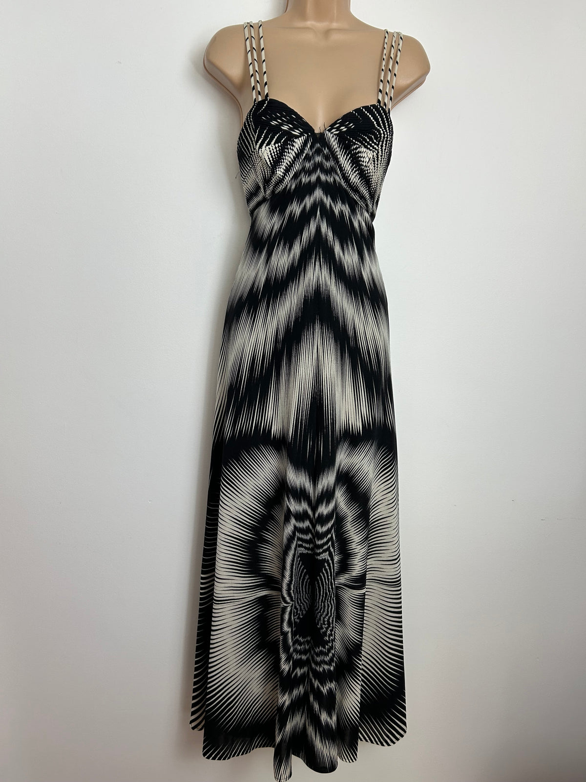 Vintage Late 1970s Size 10 Black & White Op Art Print Triple Strap Empire Line Occasion Maxi Dress