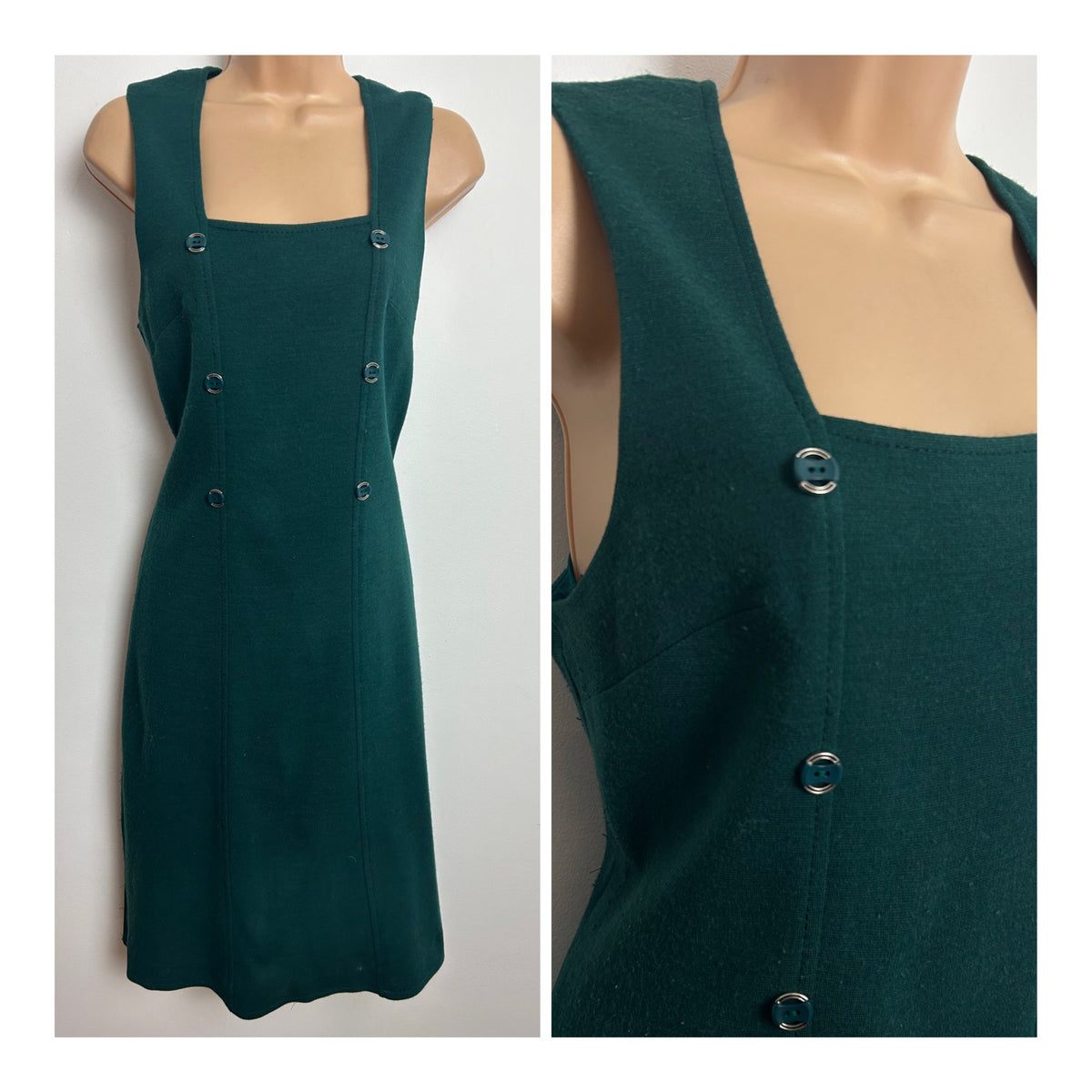 Vintage 1960s Size 10 Teal Green Wool Mix Sleeveless Button Detail Mod Shift Dress