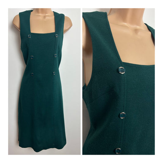 Vintage 1960s Size 10 Teal Green Wool Mix Sleeveless Button Detail Mod Shift Dress