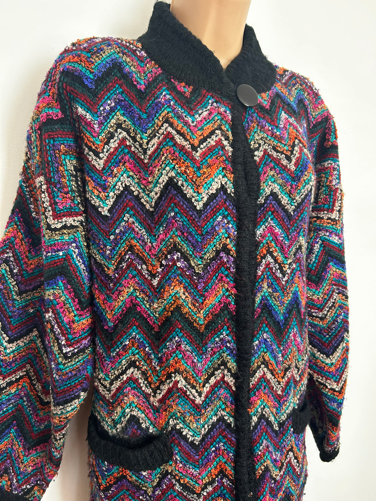 Vintage 1980s Up To Size 16 Black Multicolour Loop Yarn Chunky Knit Slouchy Cardigan