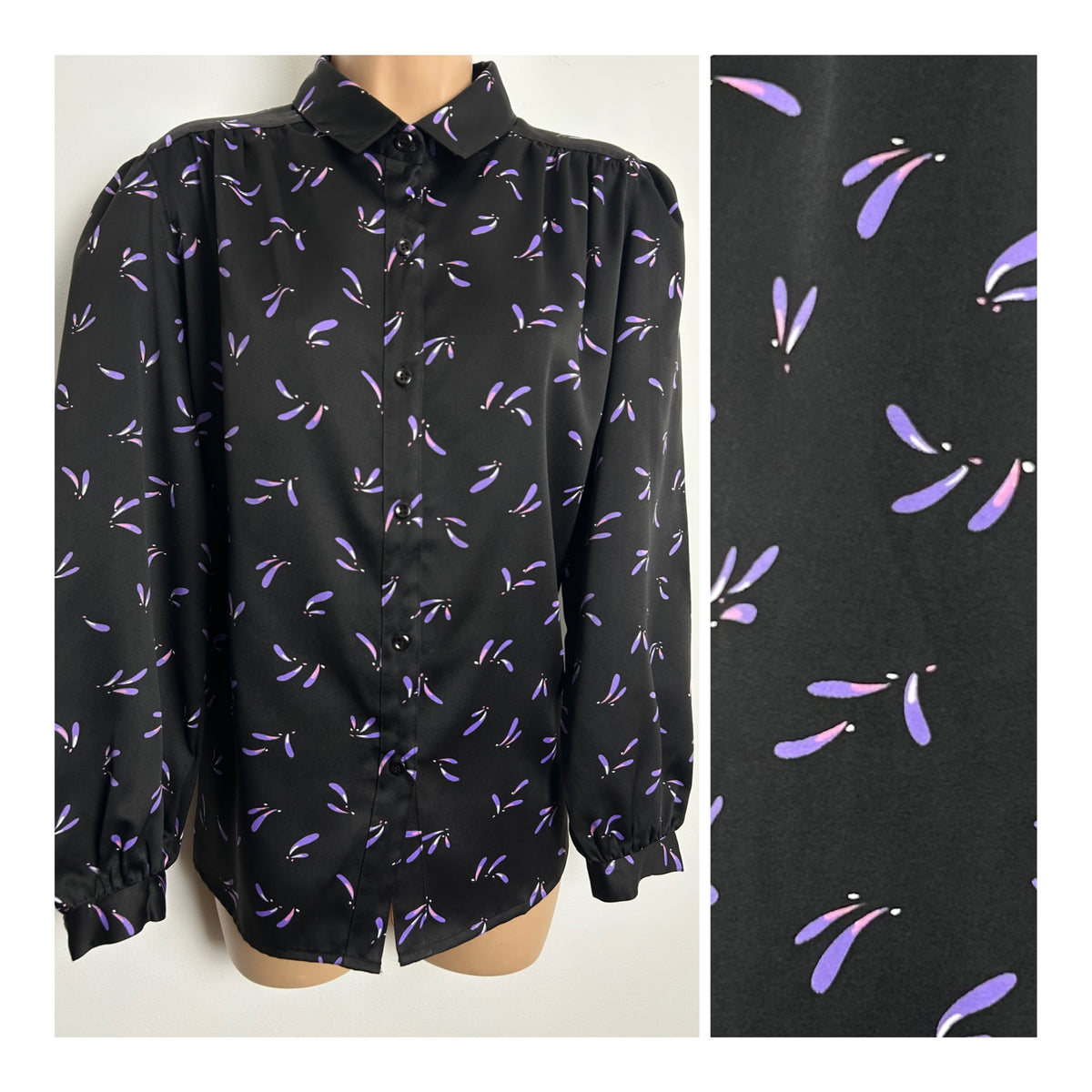 Vintage Early 1980s Size 16-18 Black Lilac & Pink Petal Print Long Sleeve Shirt