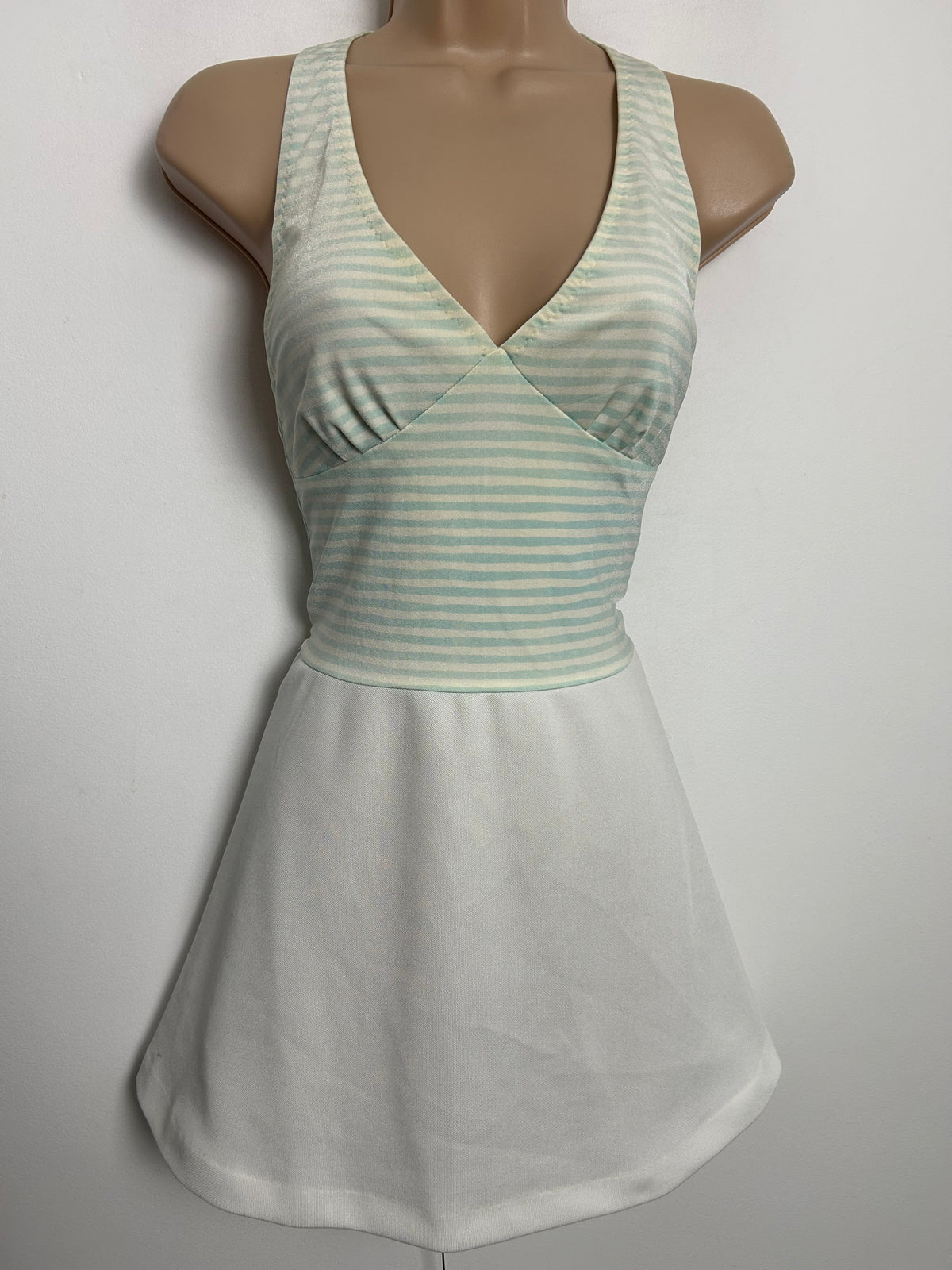 Vintage Early 1970s OLYMPIC Size 8-10 White Pale Blue & Cream Stripe Print Halterneck Tennis Or Swim Dress