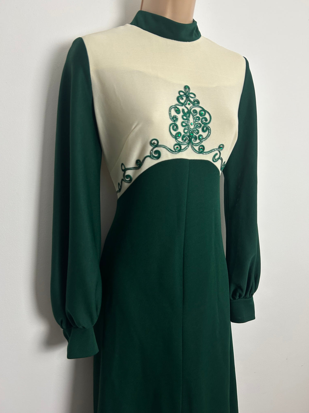 Vintage 1970s Size 10 Bottle Green & Cream Braid & Diamante Detail Long Sleeve Evening Maxi Dress