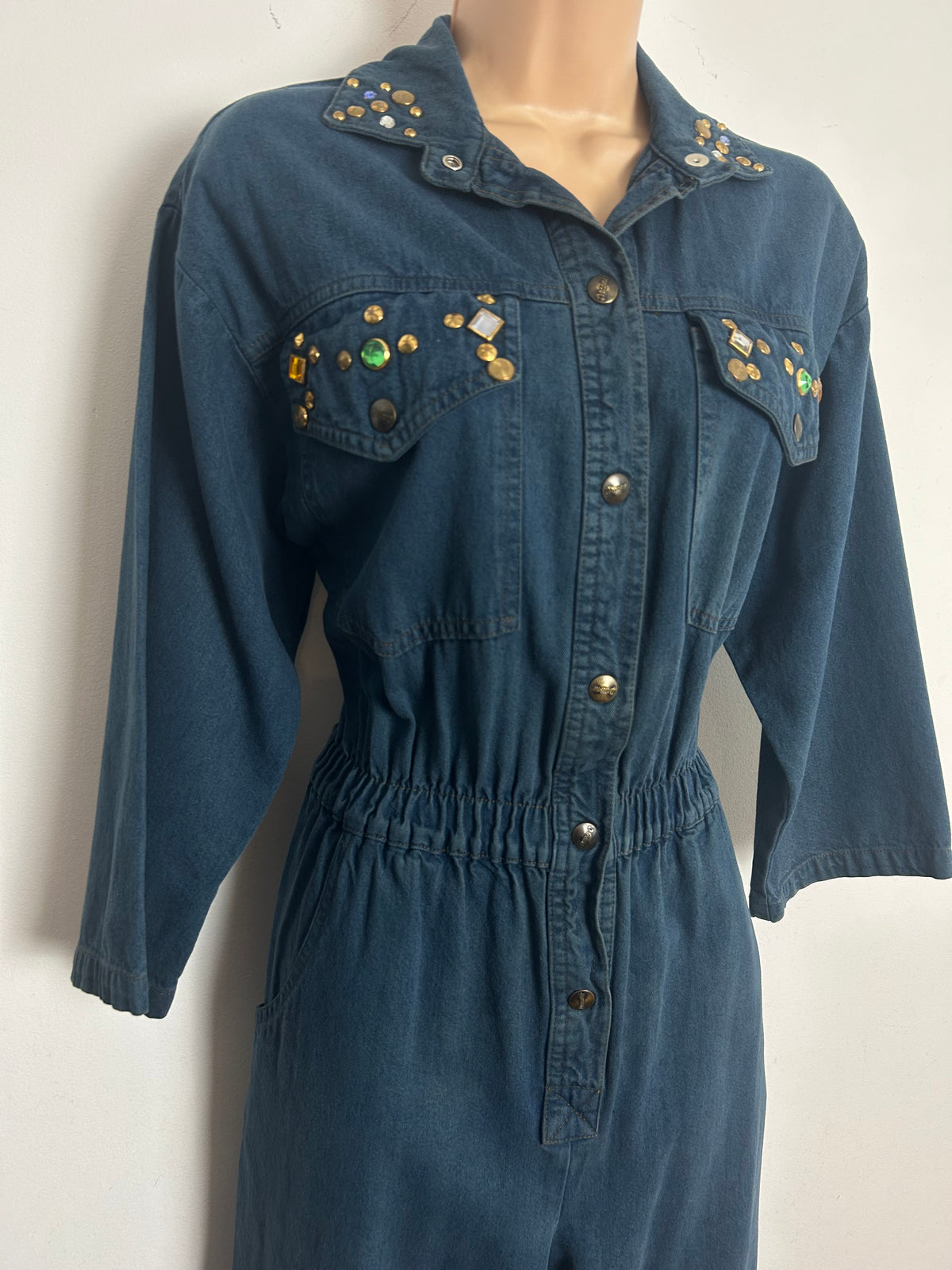 Vintage 1980s DREAMS Size 10 Dark Denim Jewel & Stud Embellished Pocket Detail Jumpsuit