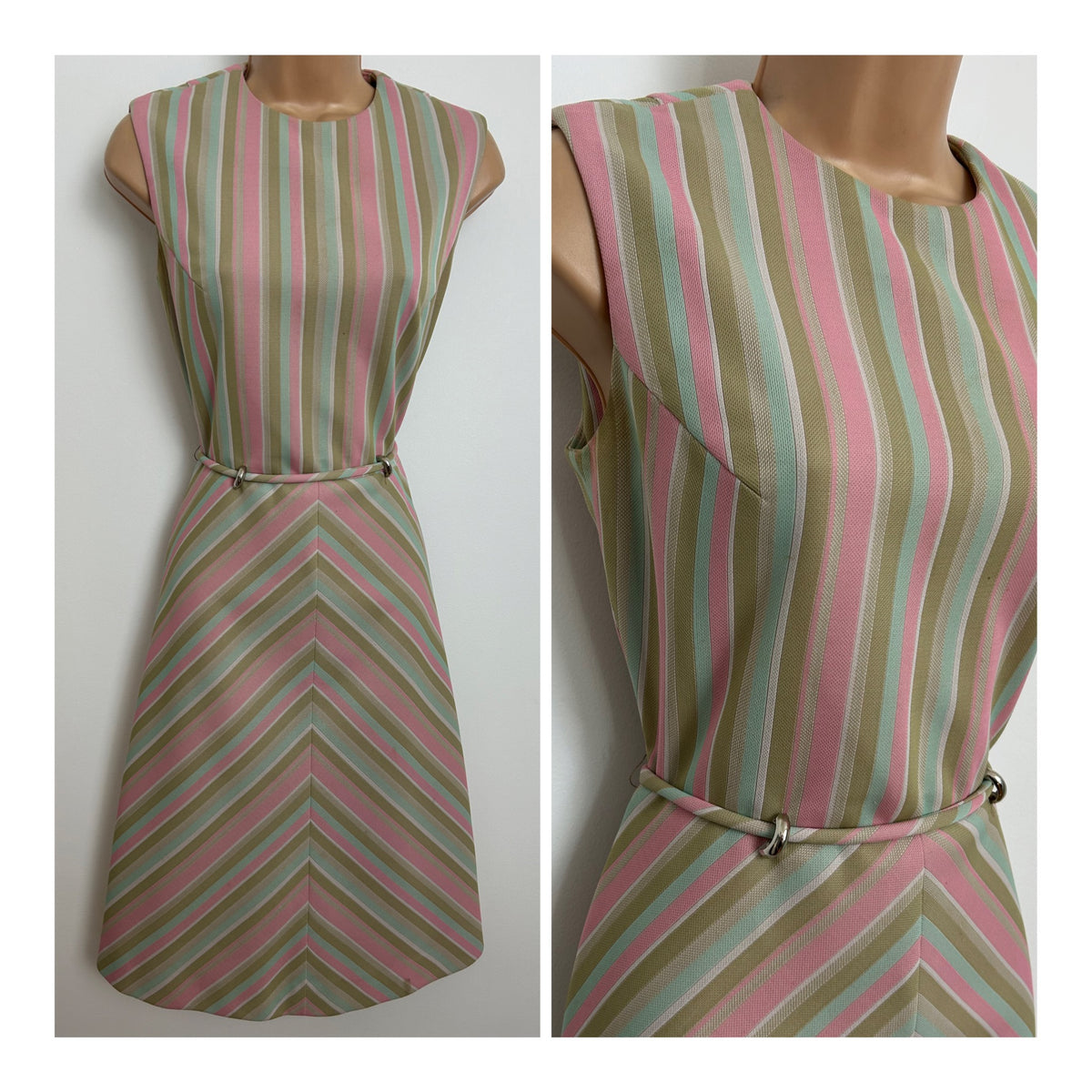 Vintage 1960s Size 10 Green Pink & Mint Stripe Print Belted Mod Day Dress