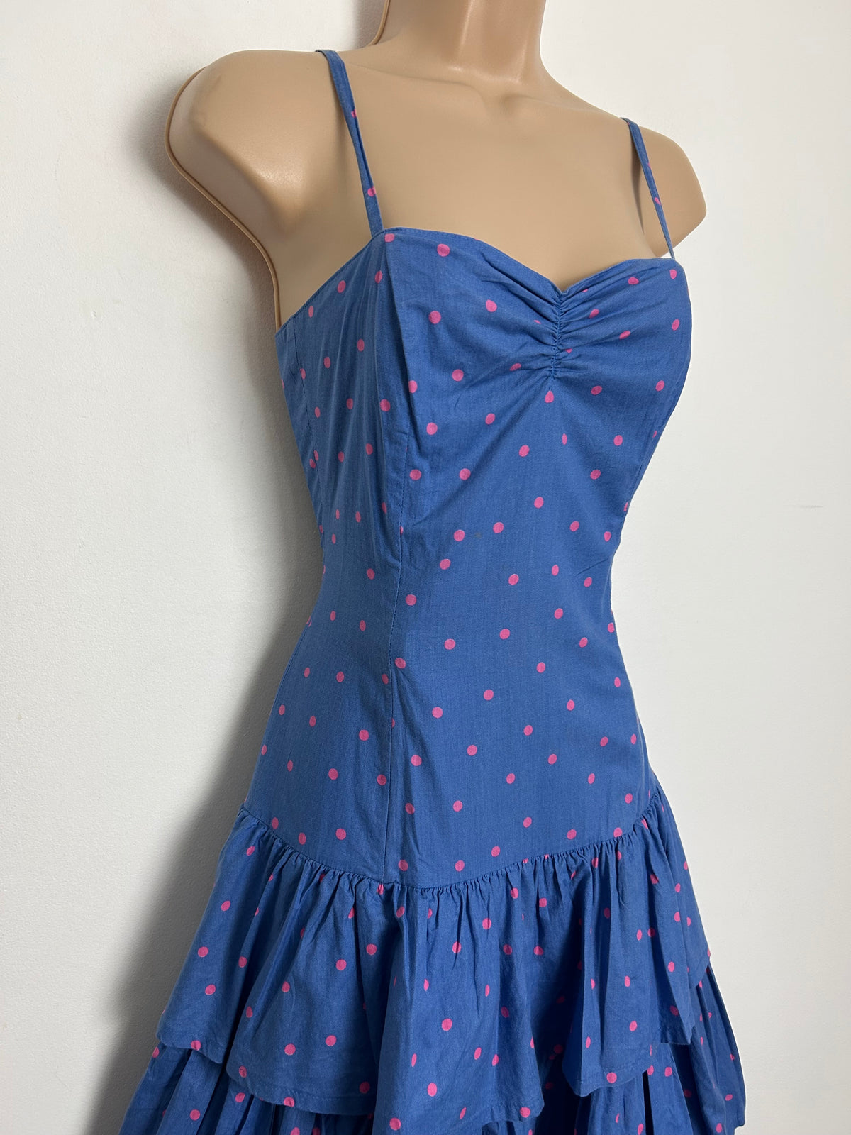 Vintage 1980s LAURA ASHLEY Size 8 Blue & Pink Polka Dot Print Layered Ra Ra Style Midaxi Dress