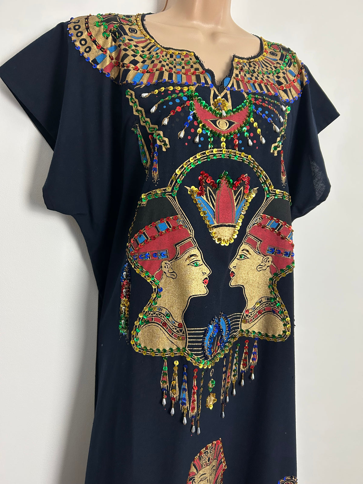 Vintage One Size Egyptian Themed Tourist Piece Beaded Sequin Sequin Bead Detail Maxi Length Kaftan