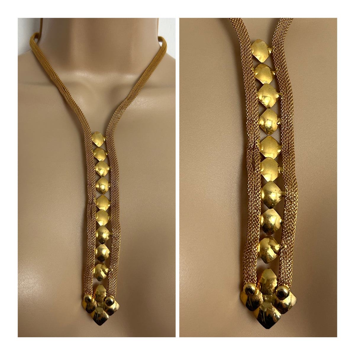 Vintage 1960s Gold Tone Mesh Elongated Drop Statement Necklace