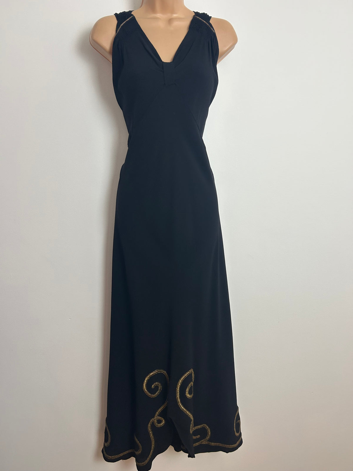 Vintage Original 1940s Size 8 Black Rayon Gold Thread Embroidered Swirl Pattern Occasion Evening Maxi Dress