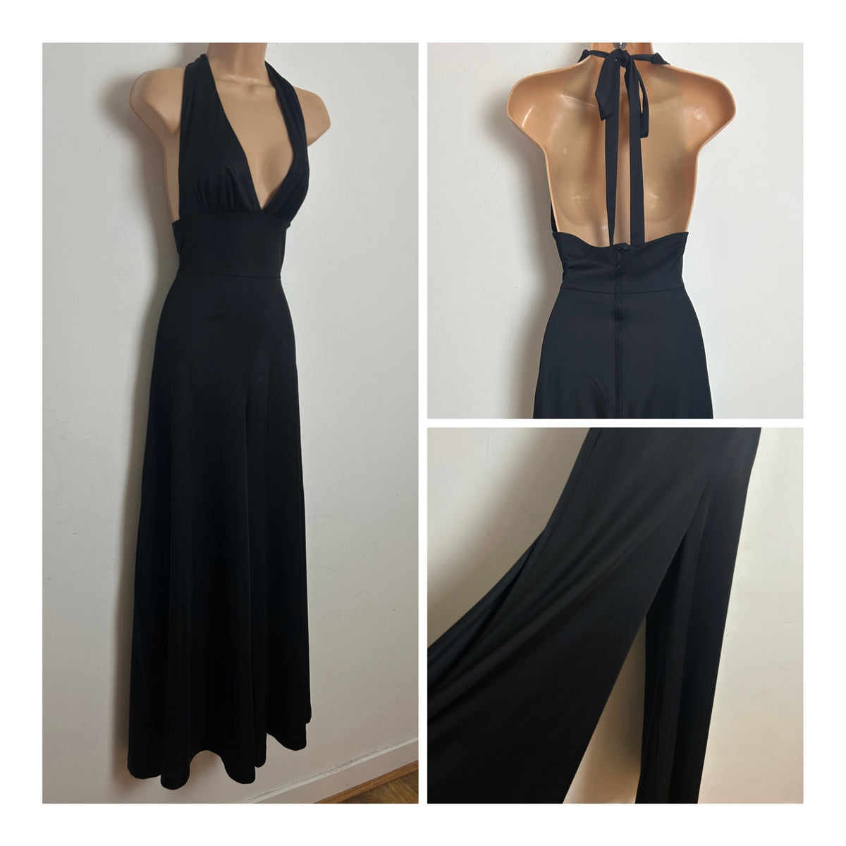 Vintage 1970s Size 4-6 Black Halter Neck Open Back Wide Leg Occasion Evening Jumpsuit