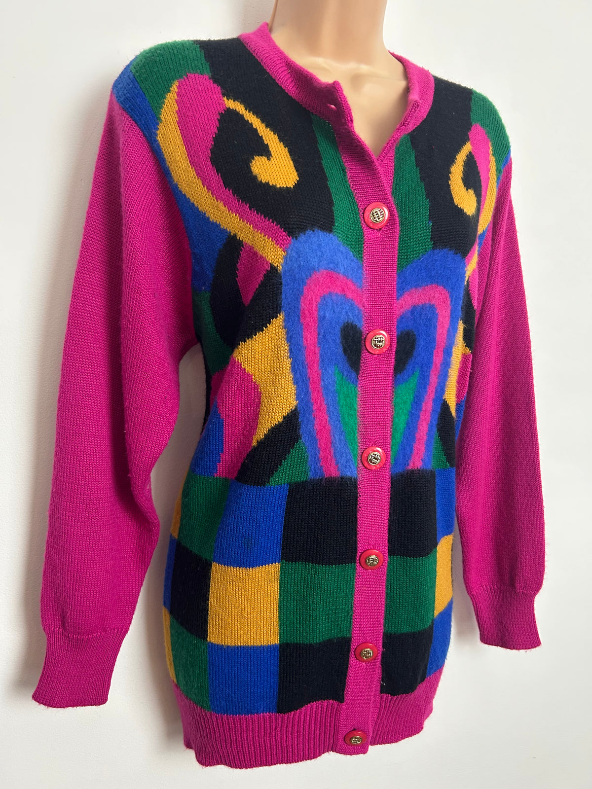 Vintage 1980s Up To Size 12 Pink Mustard Blue Green & Black Abstract Print Wool Mix Cardigan