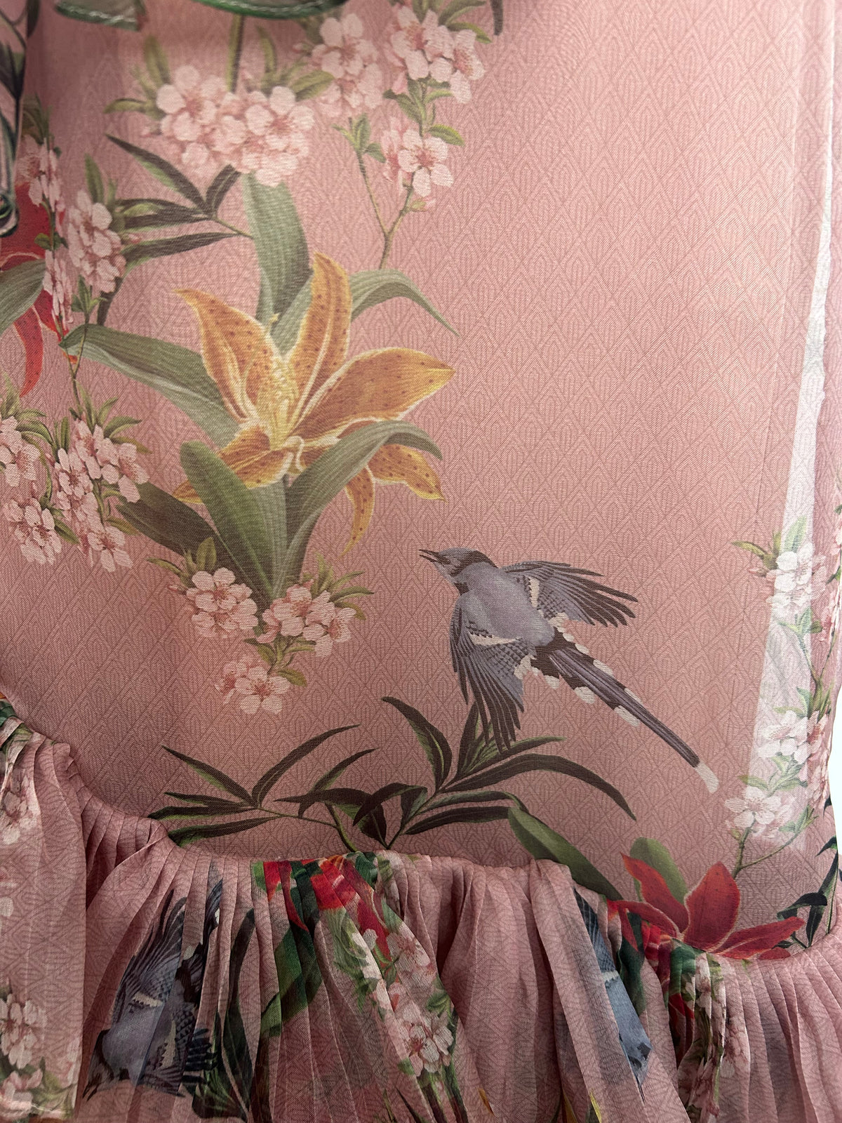 Designer JOHANNE ORTIZ Size 10 (US 6) Pale Pink Floral & Bird Print 100% Silk Ruffle Trim "The Place Of Silent Dress Occasion Maxi Dress