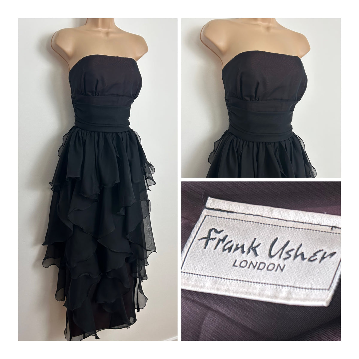Vintage Early 1980s FRANK USHER Size 10 Black Strapless Layered Evening Cocktail Occasion Dress