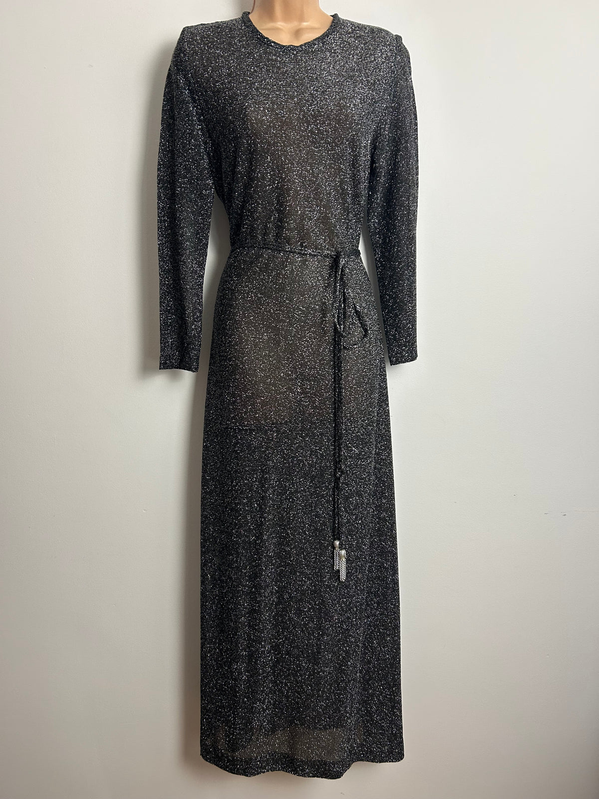 Vintage 1970s SIMON ELLIS Size 10 Black & Silver Lurex Long Sleeve Belted Evening Maxi Dress