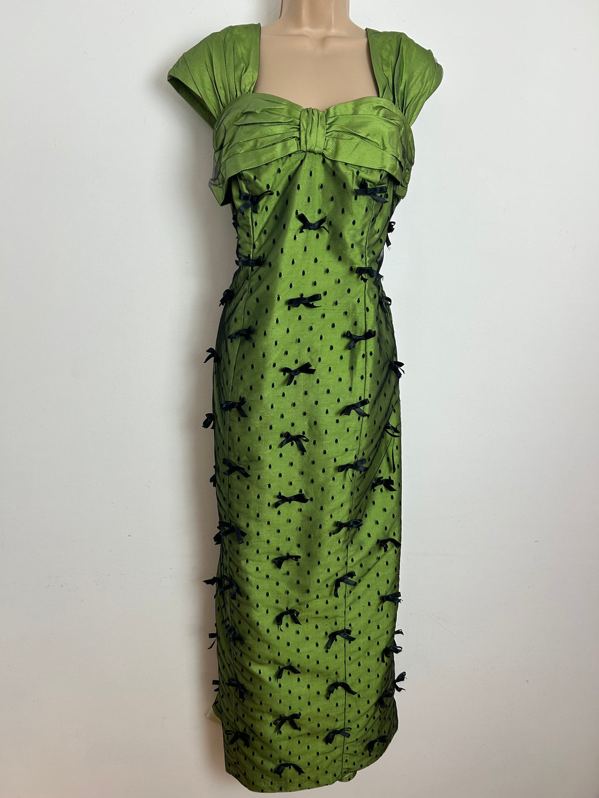 Vintage Late 1950s Size 12 Green & Black Polka Dot Mesh Bow Detail Occasion Evening Ballgown