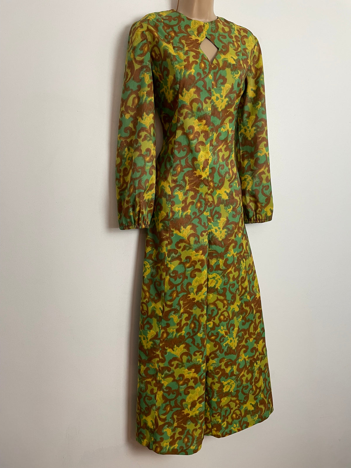 Vintage Late 1960s UK Size 10 Green Brown & Yellow Abstract Print Long Sleeve Wide Leg Keyhole Jumpsuit