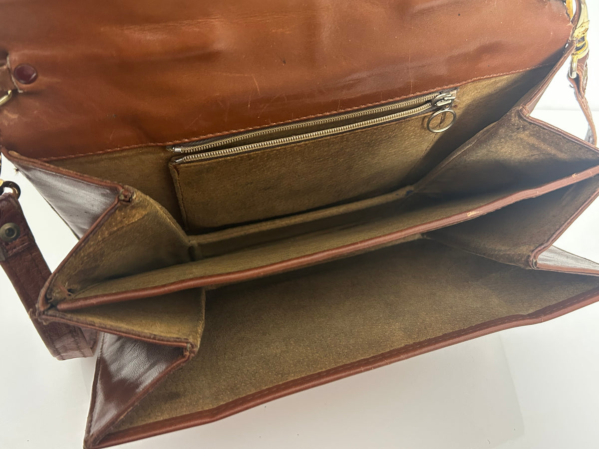 Vintage 1970s Brown Crocodile Skin Leather Handbag With Detachable Shoulder Strap