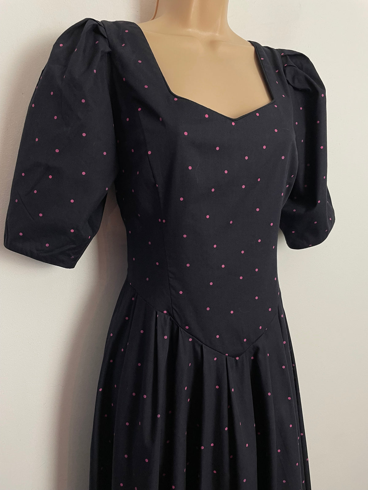 Vintage 1980s LAURA ASHLEY UK Size 10 ( Size 14 On Label) Black & Pink Polka Dot Print Midi Dress