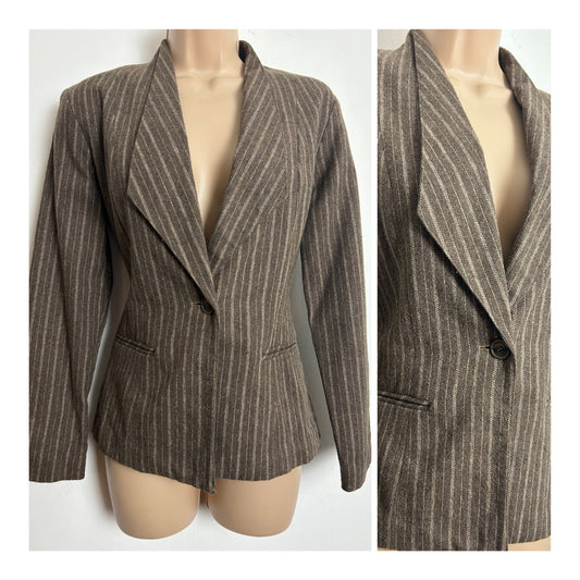 Vintage Suit Works Size 10 Brown Stripe Wool Blend Single Button Blazer