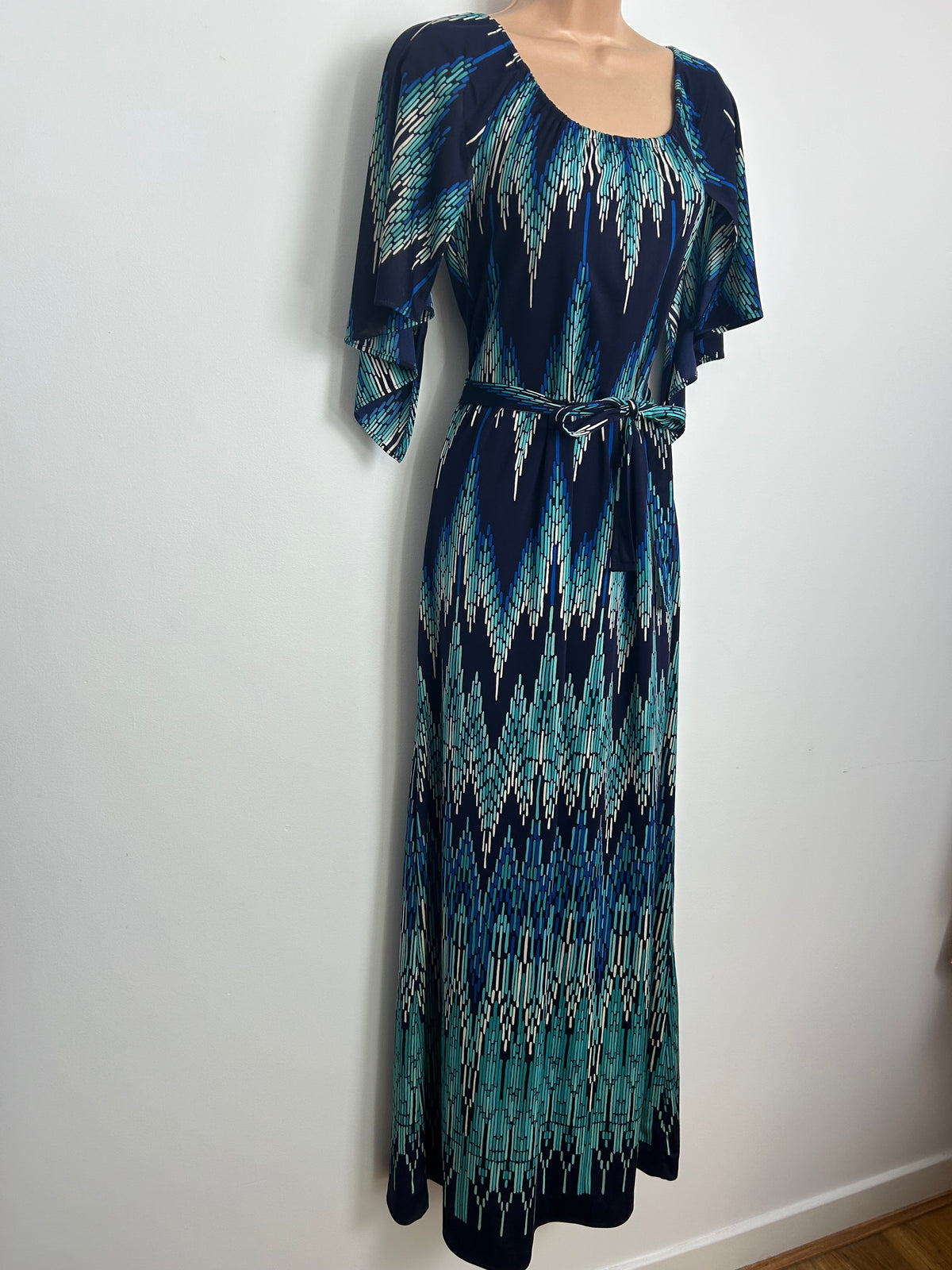 Vintage 1970s BILYTIS PARIS Size 8 Navy Turquoise & White Dash Stripe Print Mid Sleeve Maxi Dress