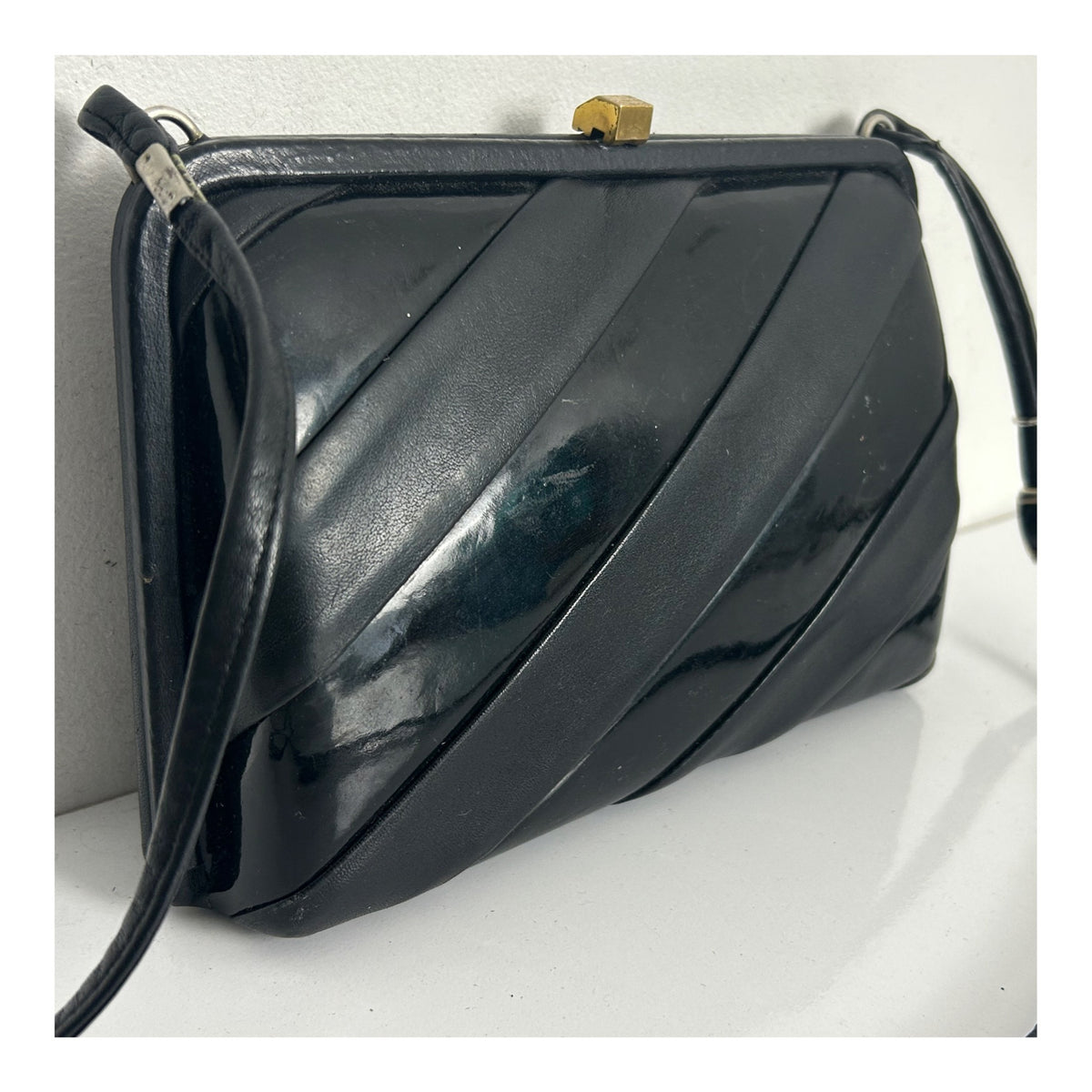 Vintage 1960s Black Leather & Patent Panels Box Style Shoulder Handbag