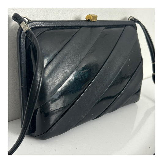 Vintage 1960s Black Leather & Patent Panels Box Style Shoulder Handbag
