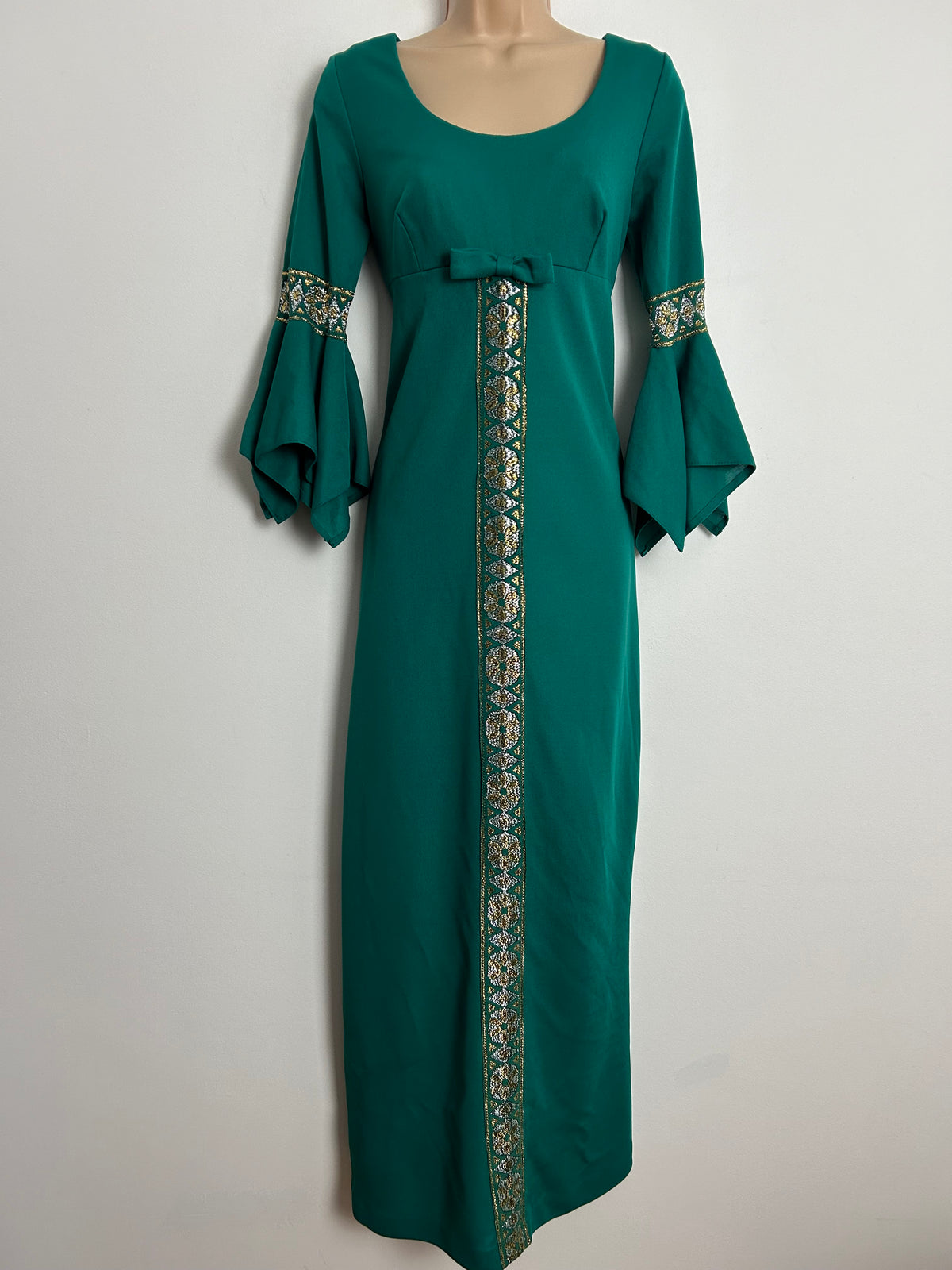 Vintage 1970s UK Size 8 Teal Green With Gold & Silver Braid Trim Handkerchief Cuff Maxi Dress