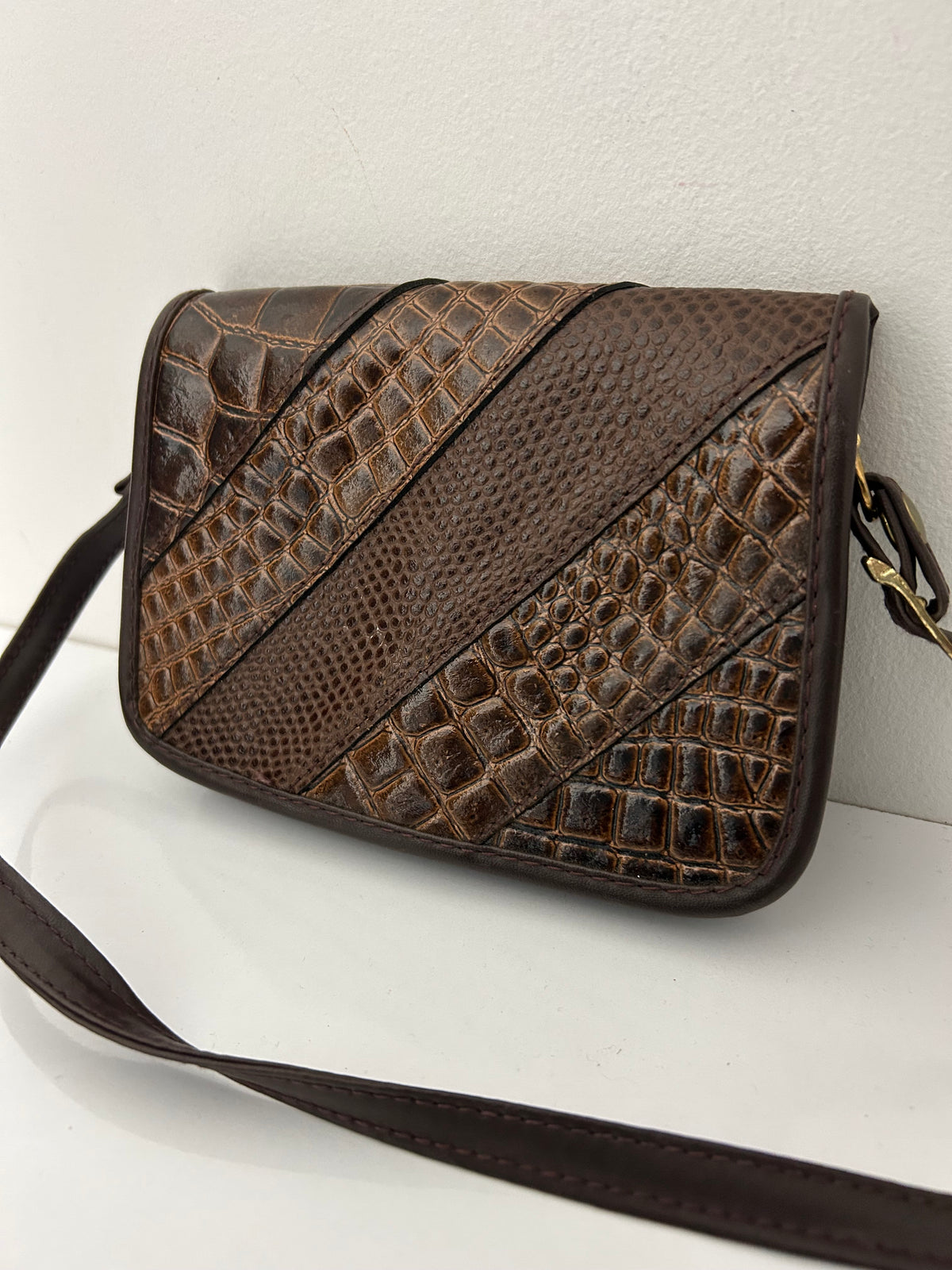 Vintage 1980s Brown Faux Reptile Leather Small Cross Body Handbag