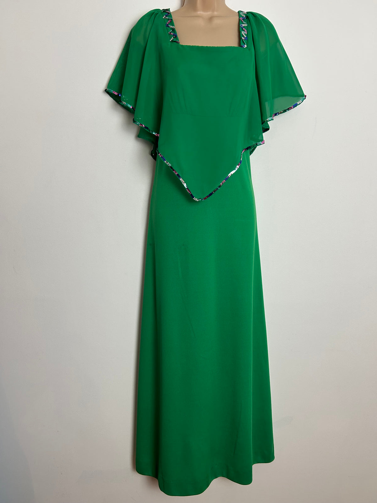Vintage 1970s UK Size 10 Green Chiffon Cape Sleeve Sequin Embellished Occasion Maxi Dress