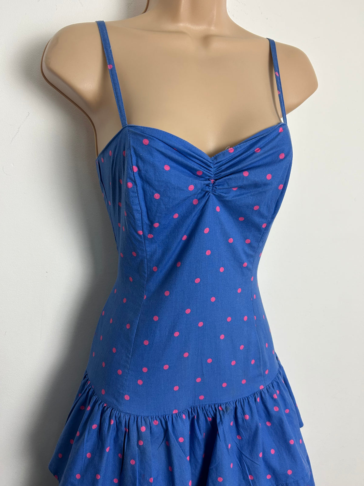 Vintage 1980s LAURA ASHLEY Size 8 (Size 12 On Label) Blue & Pink Polka Dot Print Layered Cotton Summer Dress