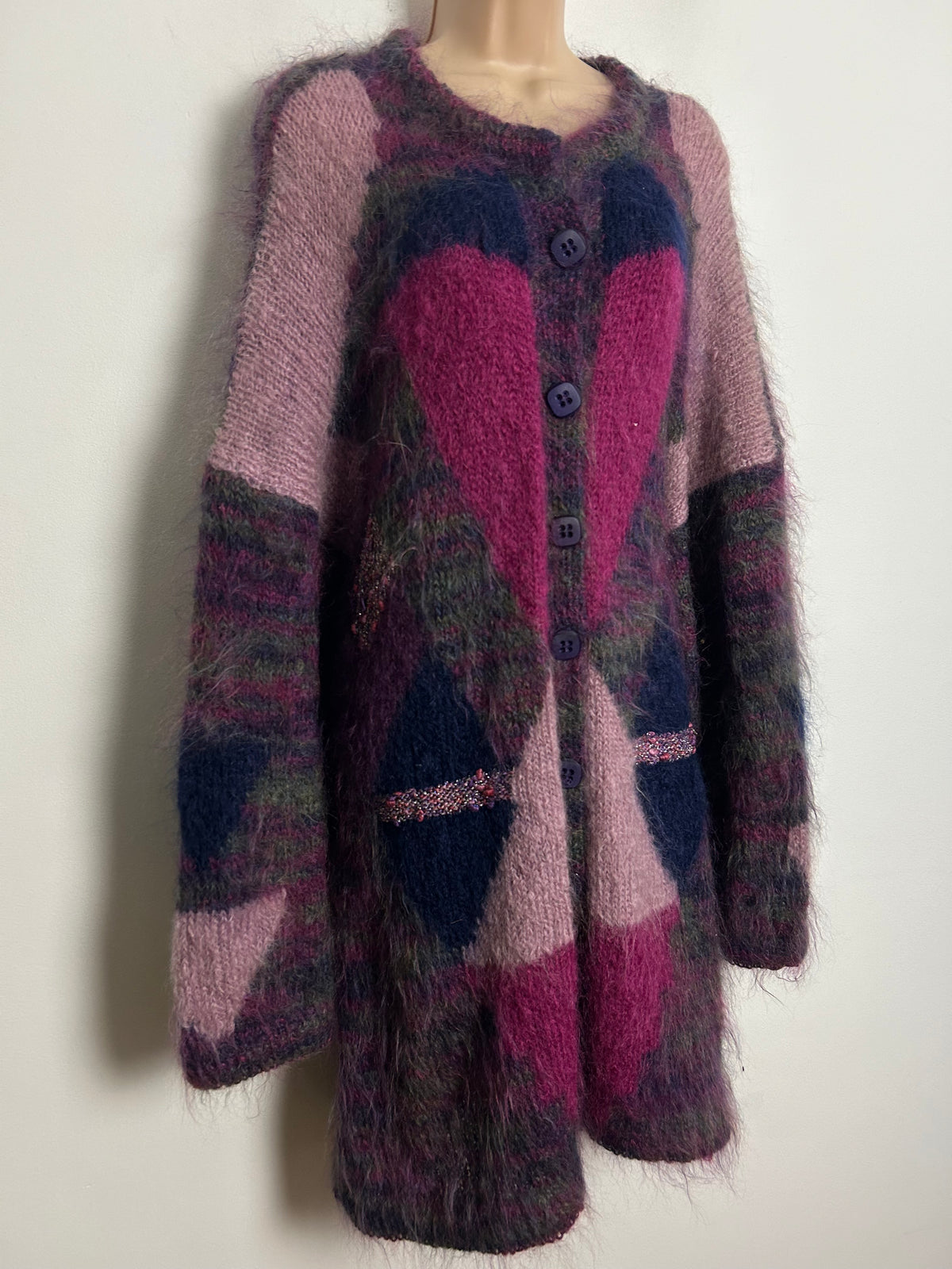 Vintage 1980s One Size Up To Size 16/18 Purple & Pink Tones Mohair Mix Longline Cardigan