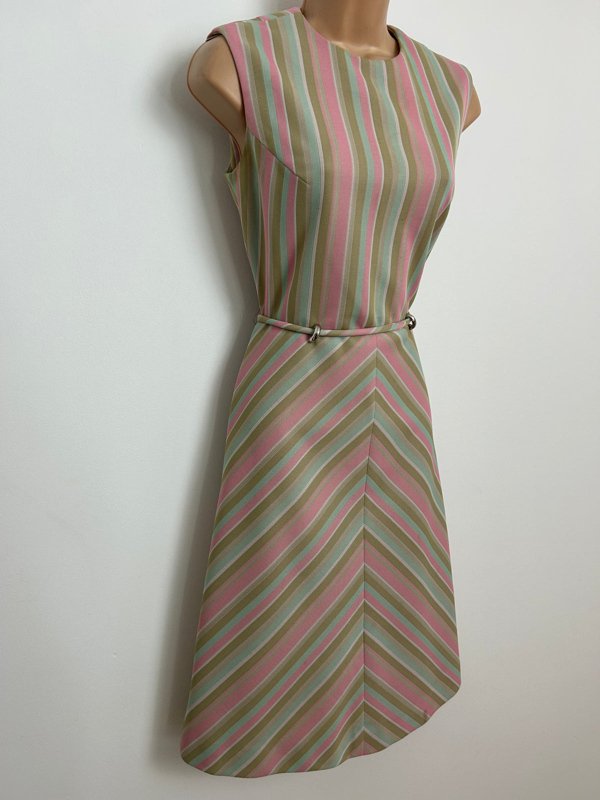 Vintage 1960s Size 10 Green Pink & Mint Stripe Print Belted Mod Day Dress