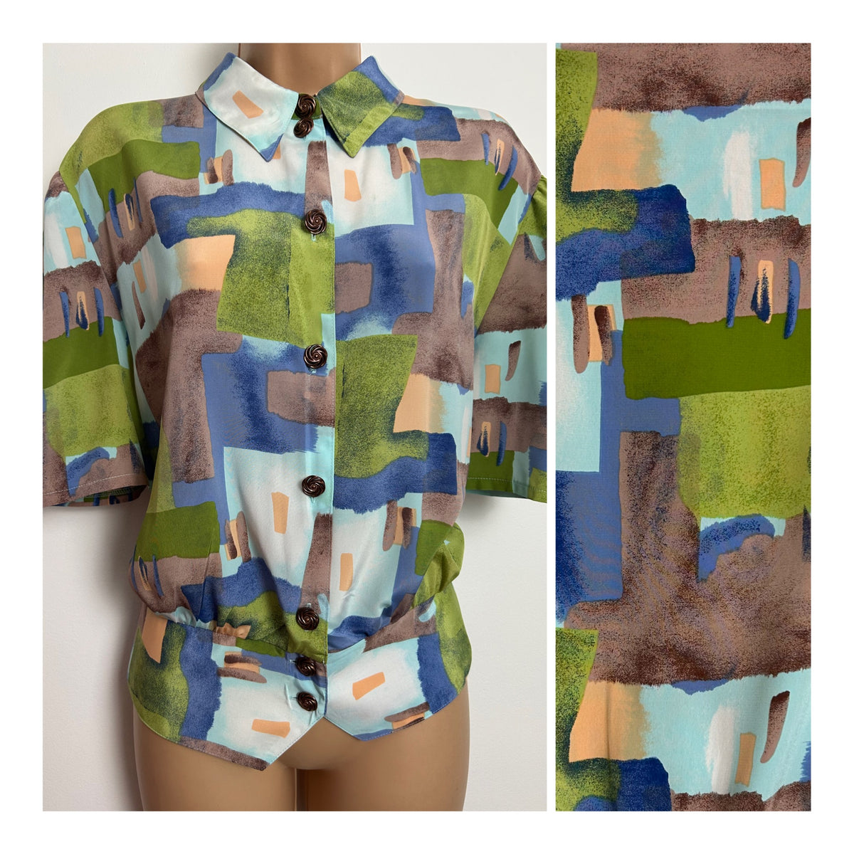 Vintage 1980s Size 16-18 Green Blue & Brown Abstract Print Peplum Waist Blouse