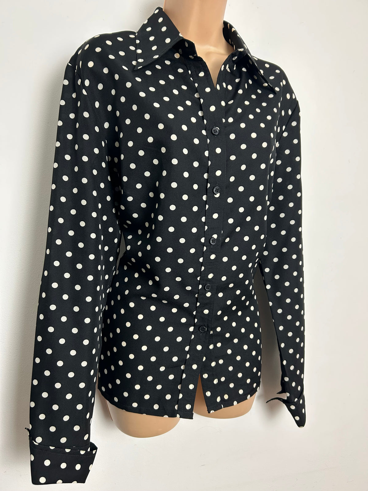 Vintage Early 1980s MARIANNE PARIS Size 16 Black & White Polka Dot Shirt