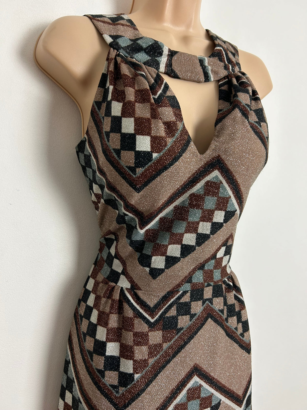 Vintage 70s UK Size 8 Brown Bronze Grey & Black Check Print Lurex Keyhole Occasion Evening Maxi Dress
