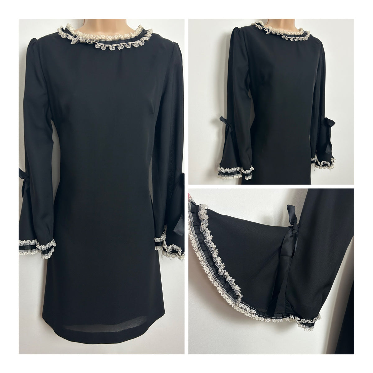 Vintage 1960s Size 10-12 Black Ruffle & White Lace Trim Flared Cuff Mini Mod Shift Dress