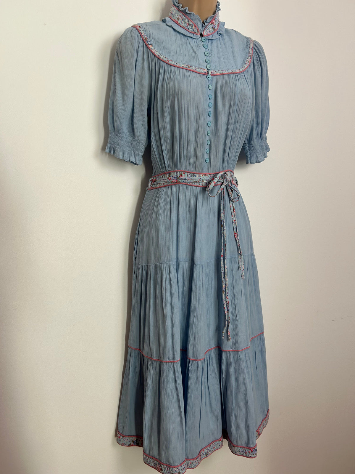 Vintage Late 1970s ELKONT Size 8 Pale Blue Cheesecloth Cotton Prairie Boho Midi Day Dress