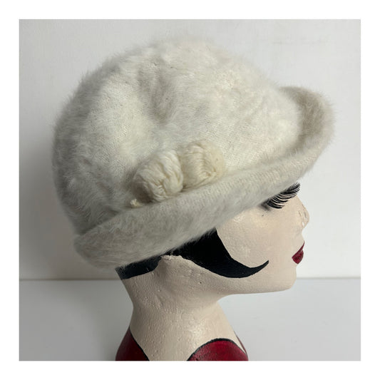 Vintage Lovely Cream Angora Mix Pom Pom Detail Hat