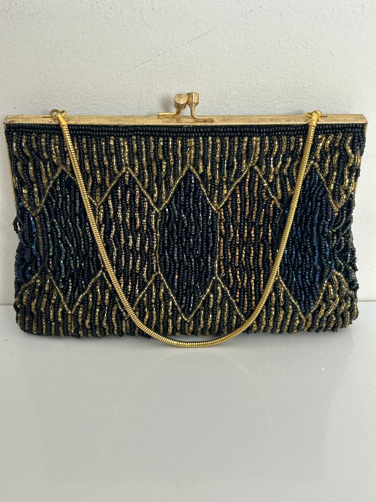 Vintage 1960s Handmade In Hong Kong Small Beaded Evening Bag With Snake Chain Handle
