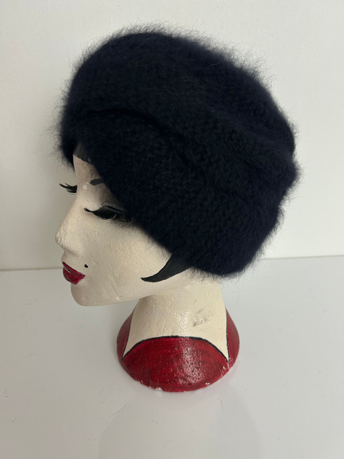 Vintage THELEN Black Wool & Angora Mix Turban Style Beanie Hat