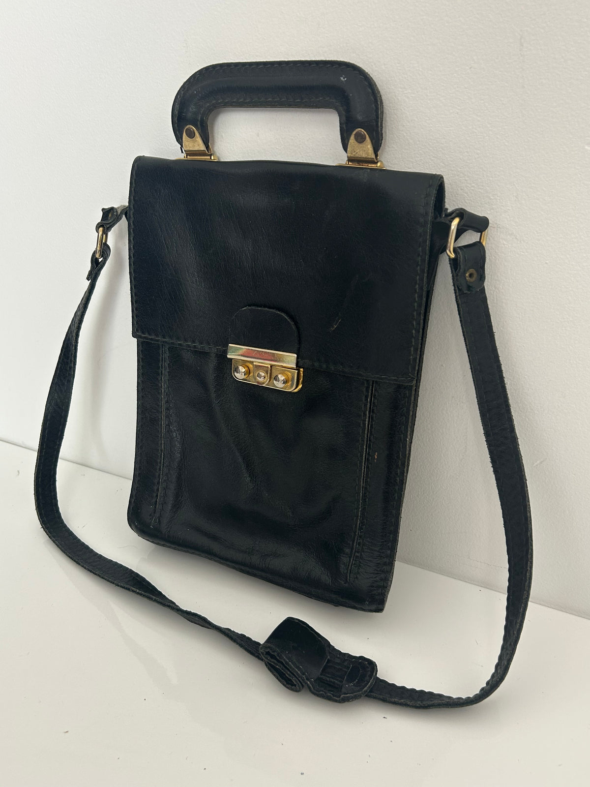 Vintage 1970s Black Leather Satchel Style Shoulder Bag
