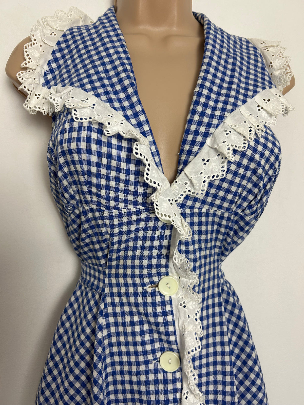 Vintage 1970s Size 6-8 Blue & White Gingham Check Lace Trim Open Back Tie Back Midi Cotton Summer Dress