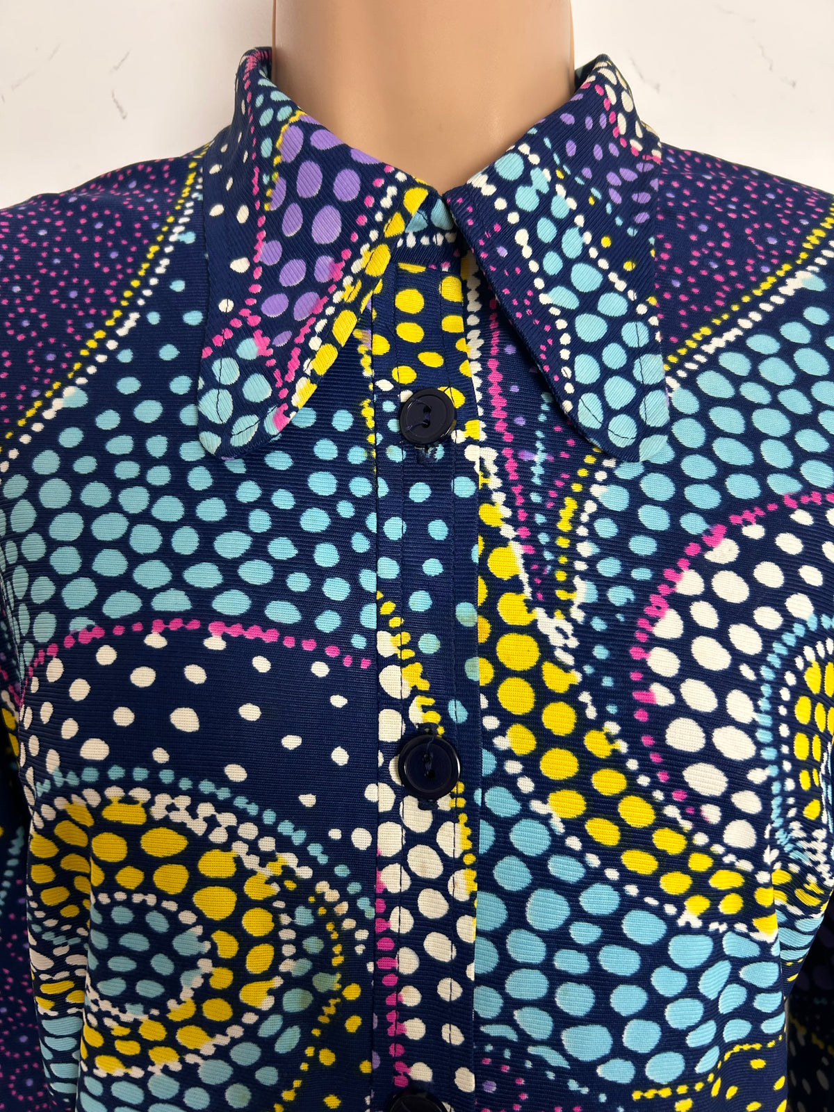 Vintage 1970s DELSWA Size 14-16 Navy Blue Multicoloured Spotty Paisley Print Balloon Sleeve Maxi Dress