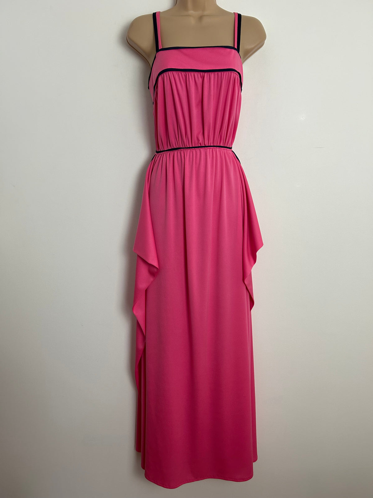 Vintage 1970s Size 6 Candy Pink & Navy Blue Trim Strappy Drape Sides Maxi Dress