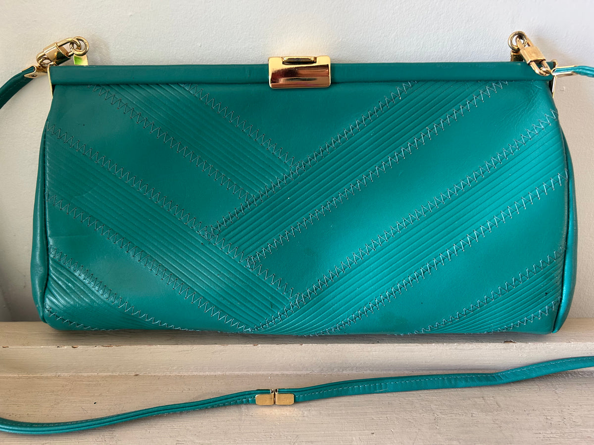 Vintage 1980s Jade Green Faux Leather Stitch Detail  Shoulder Or Clutch Bag