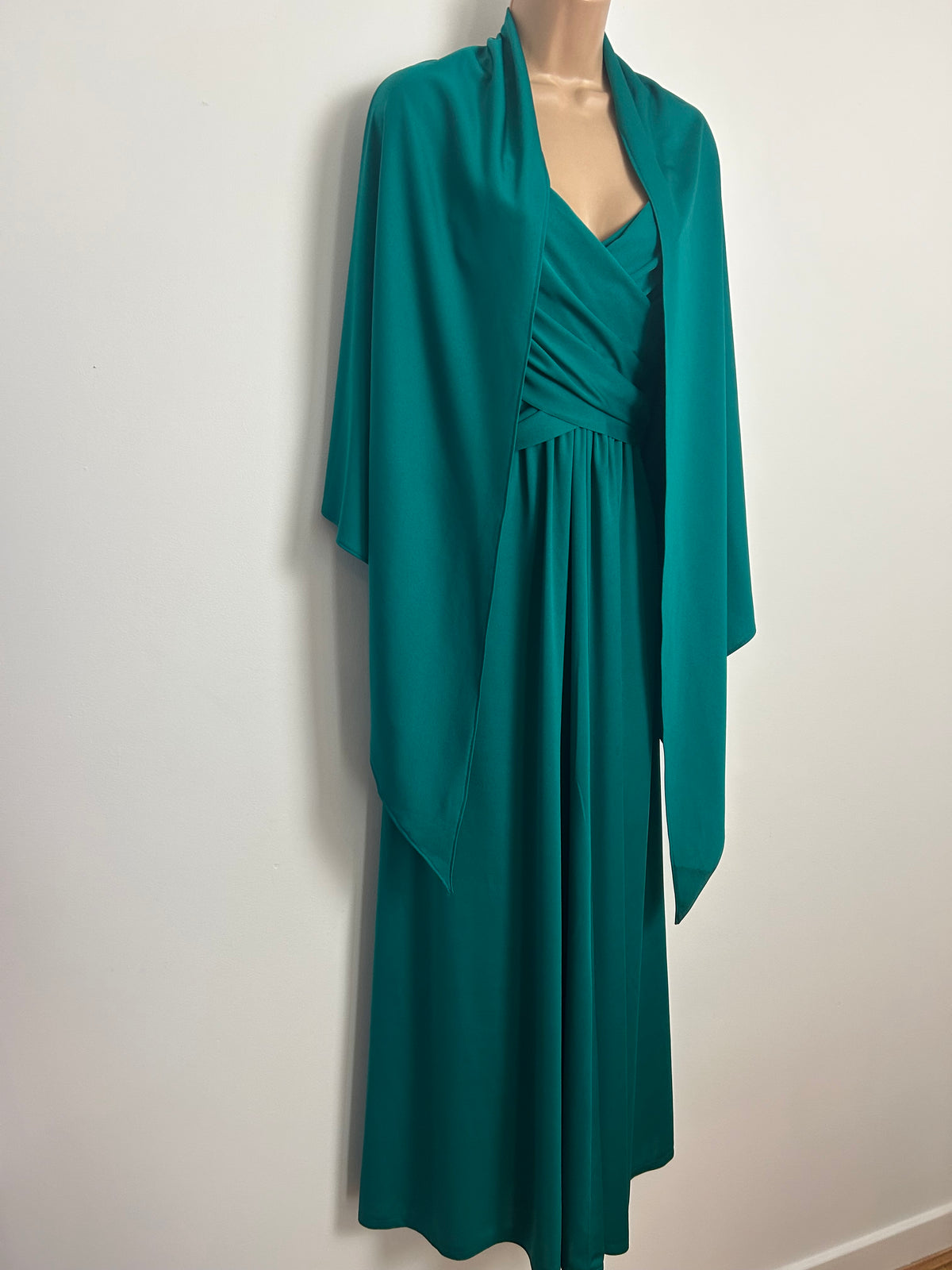 Vintage 1970s BERKERTEX CONTINENTALS Size 8 Dark Teal Ruched Cross Over Bodice Evening Dress & Matching Shawl