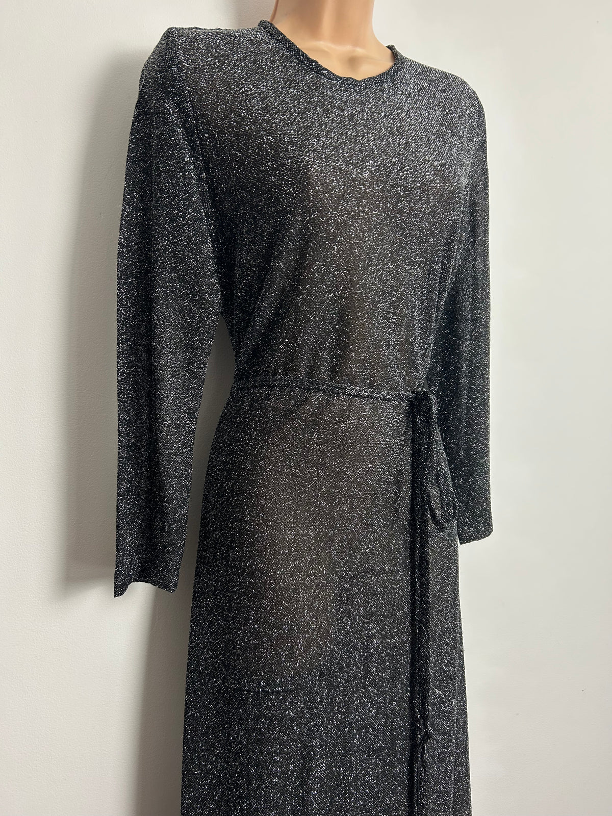 Vintage 1970s SIMON ELLIS Size 10 Black & Silver Lurex Long Sleeve Belted Evening Maxi Dress